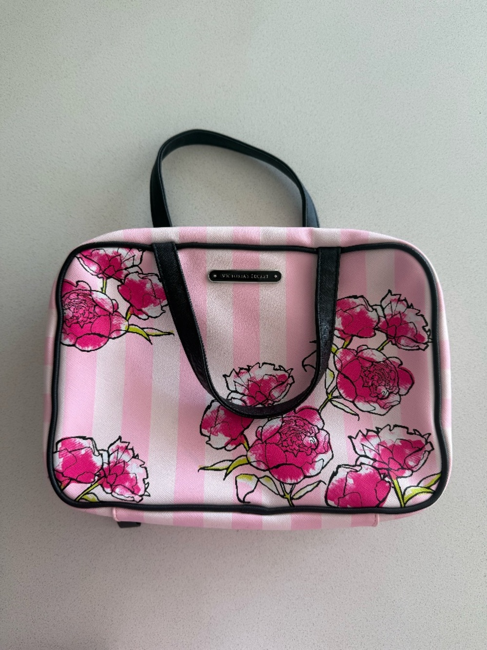 Victoria’s Secret Pink Stripe Floral Hanging Travel Makeup Bag Cosmetic Toiletry